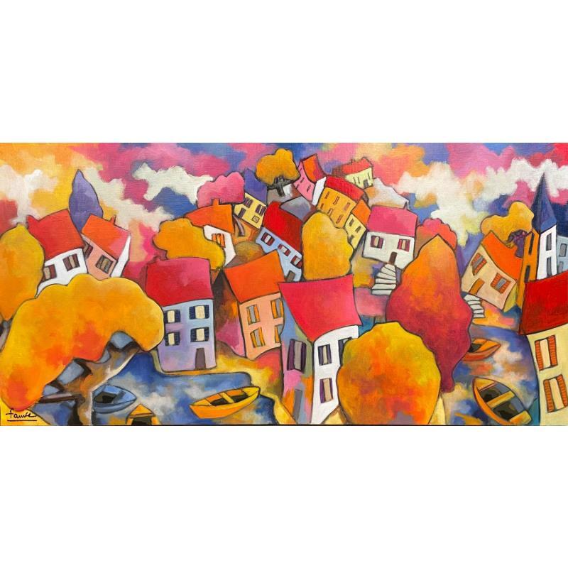 Peinture Village arboré  par Fauve | Tableau Figuratif Paysages Bois Acrylique