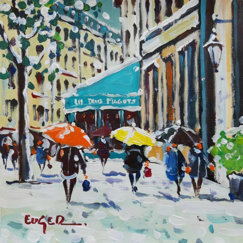 Painting NEIGE PRES DU CAFE DES DEUX MAGOTS by Euger | Painting Figurative Urban Life style Acrylic