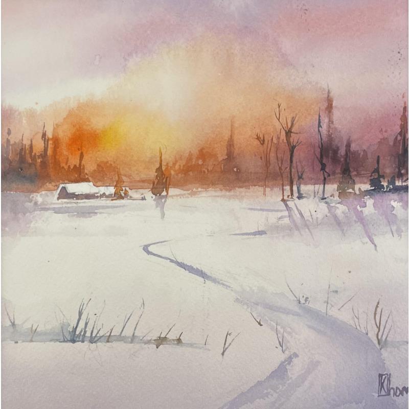 Gemälde Sunset in the village von Lida Khomykova | Gemälde Figurativ Aquarell