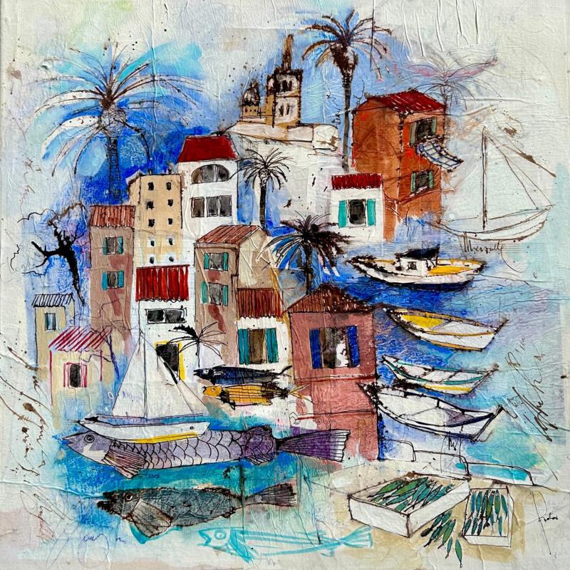 Gemälde Vue sur port von Colombo Cécile | Gemälde Naive Kunst Acryl, Aquarell, Collage, Pastell, Tinte Marine
