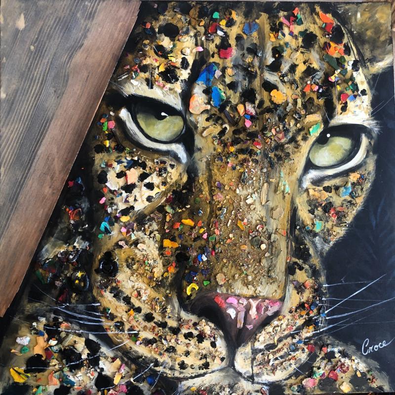 Peinture Jaguar à l’affût  par Croce | Tableau Figuratif Animaux Bois Acrylique
