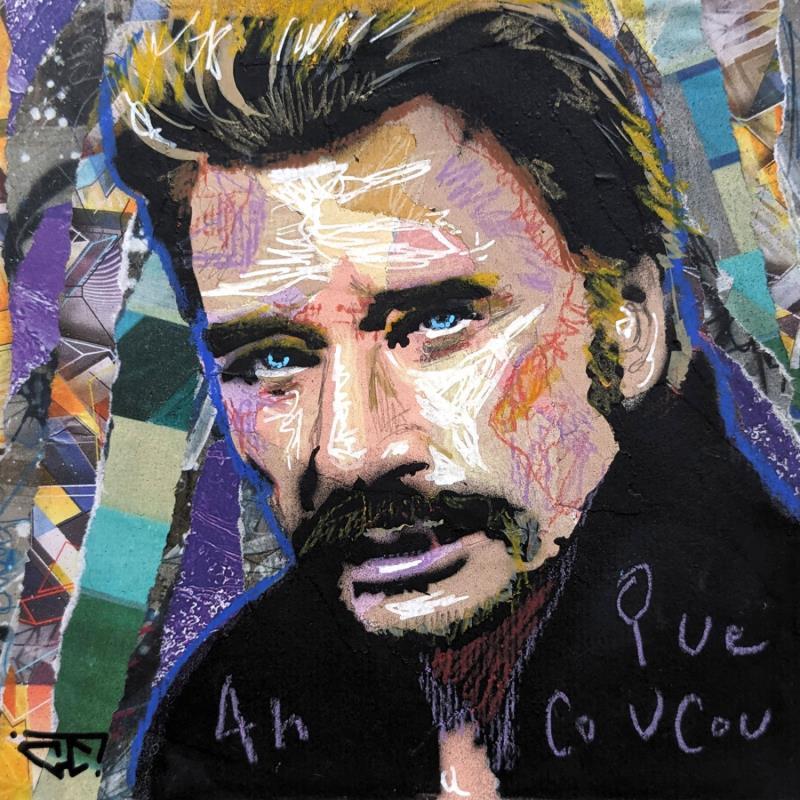 Painting Ah que Coucou (Johnny Hallyday) by G. Carta | Painting Pop-art Acrylic, Gluing, Graffiti, Ink, Paper, Posca Music, Pop icons, Portrait