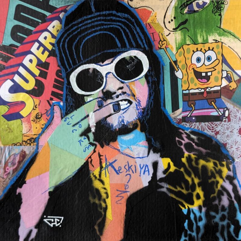 Peinture Kurt Cobain par G. Carta | Tableau Pop-art Portraits Musique Icones Pop Graffiti Acrylique Collage Posca Papier