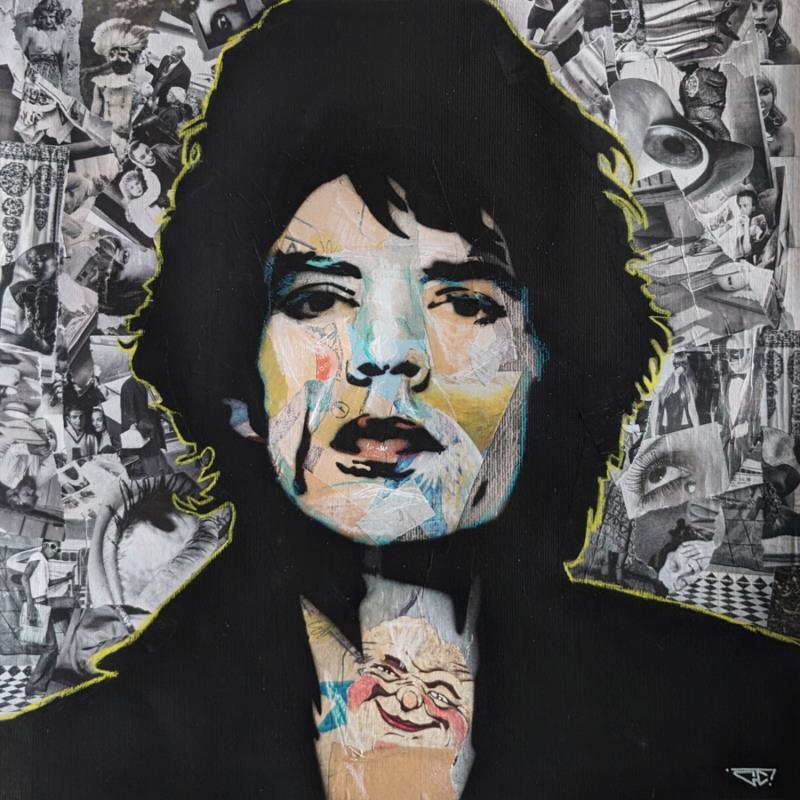 Peinture Mick Jagger par G. Carta | Tableau Pop-art Portraits Musique Icones Pop Graffiti Acrylique Collage Posca Encre Papier