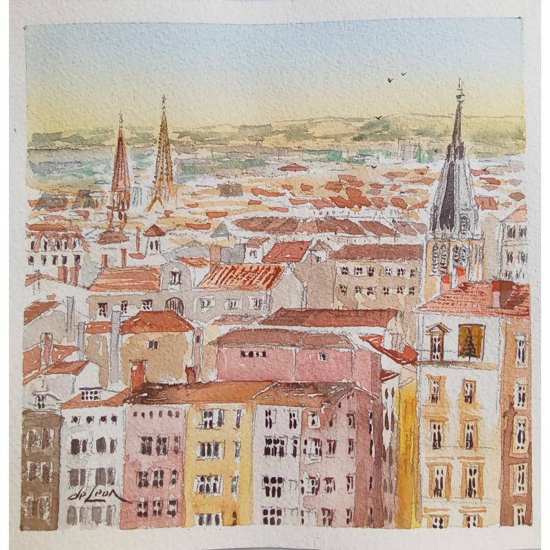 Painting Vue aérienne de Lyon by De León Lévi Marcelo | Painting Figurative Watercolor Pop icons, Urban