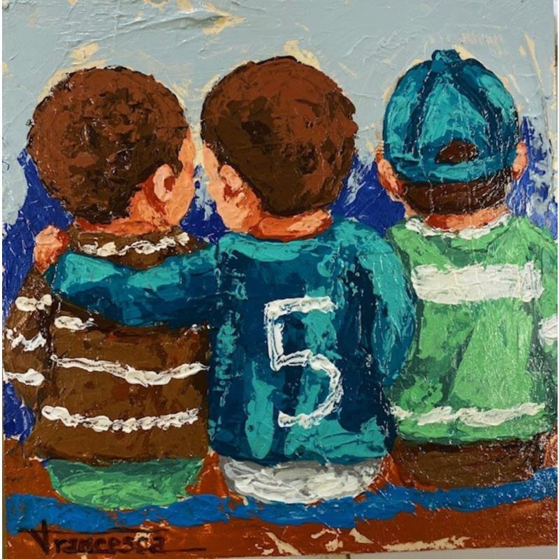 Peinture tres chicos par Escobar Francesca | Tableau Figuratif Enfant Bois Acrylique