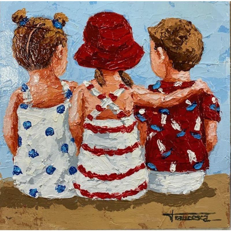 Painting two girls one boy  by Escobar Francesca | Painting Figurative Child Wood Acrylic