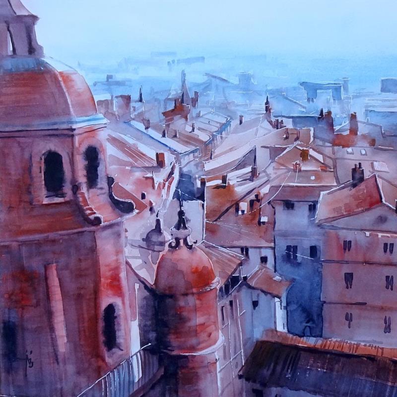 Peinture Entre ville rose et ville bleue par Abbatucci Violaine | Tableau Figuratif Aquarelle