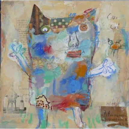 Peinture Le chat et l'oiseau par De Sousa Miguel | Tableau Art Singulier Acrylique, Collage, Encre, Pastel animaux