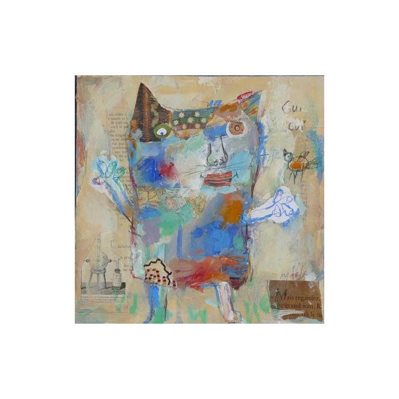 Gemälde Le chat et l'oiseau von De Sousa Miguel | Gemälde Art brut Acryl, Collage, Pastell, Tinte Tiere