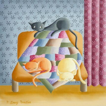 Peinture Chats sur canapé par Davy Bouttier Elisabeth | Tableau Art naïf Huile Animaux