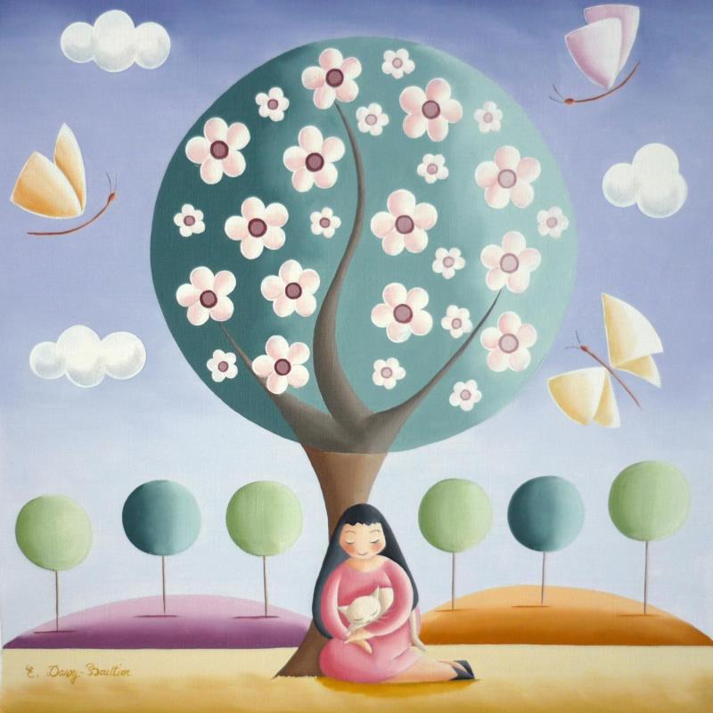 Peinture Le cerisier en fleurs par Davy Bouttier Elisabeth | Tableau Art naïf Huile Nature