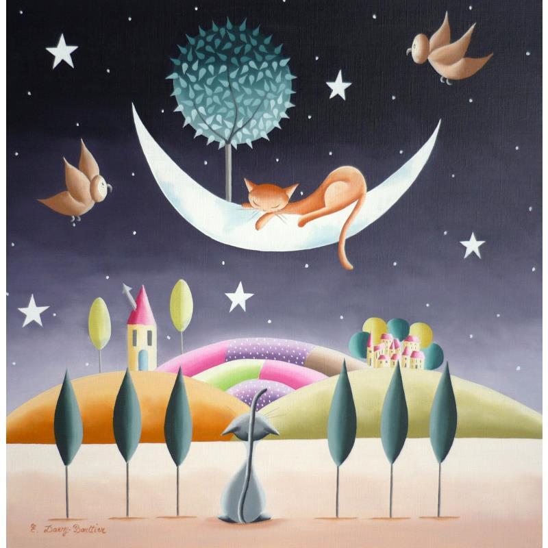 Gemälde Sérénade sous la lune von Davy Bouttier Elisabeth | Gemälde Naive Kunst Natur Alltagsszenen Öl