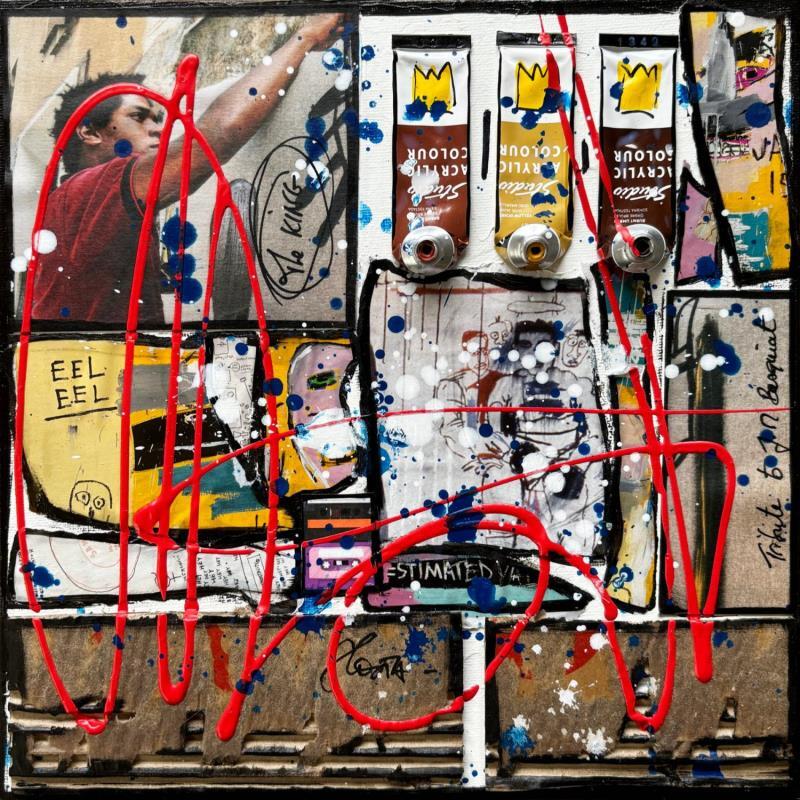 Painting Tribute to JM Basquiat  by Costa Sophie | Painting Pop-art Acrylic, Gluing, Upcycling Pop icons