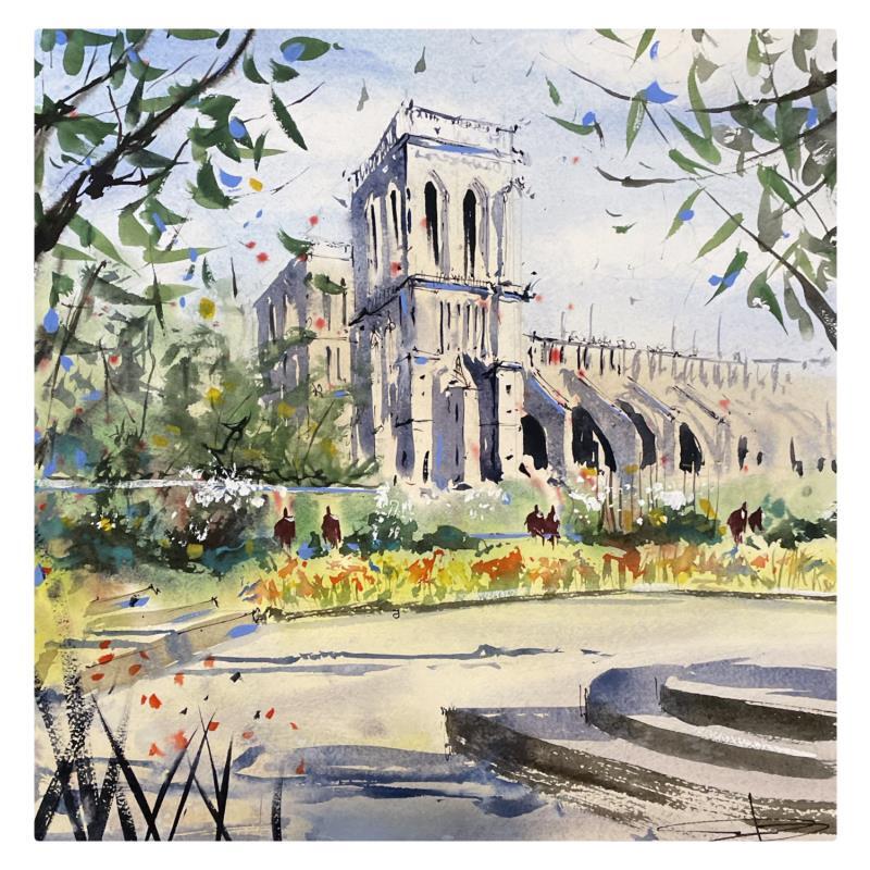 Painting Parc de Notre Dame by Bailly Kévin  | Painting Figurative Ink, Watercolor Architecture, Urban