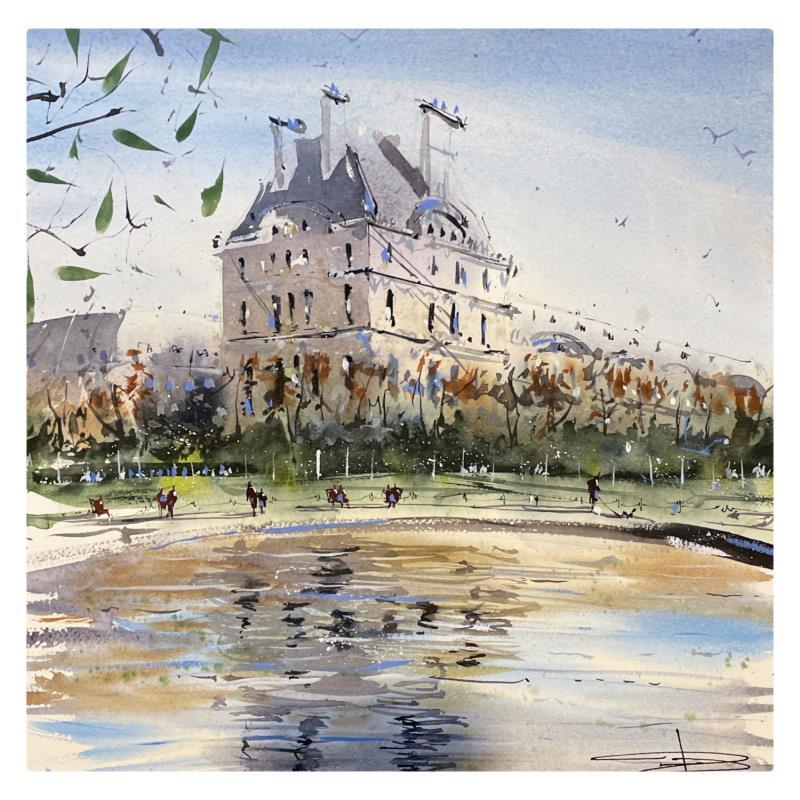 Painting Le jardin des Tulieries by Bailly Kévin  | Painting Figurative Urban Architecture Watercolor Ink