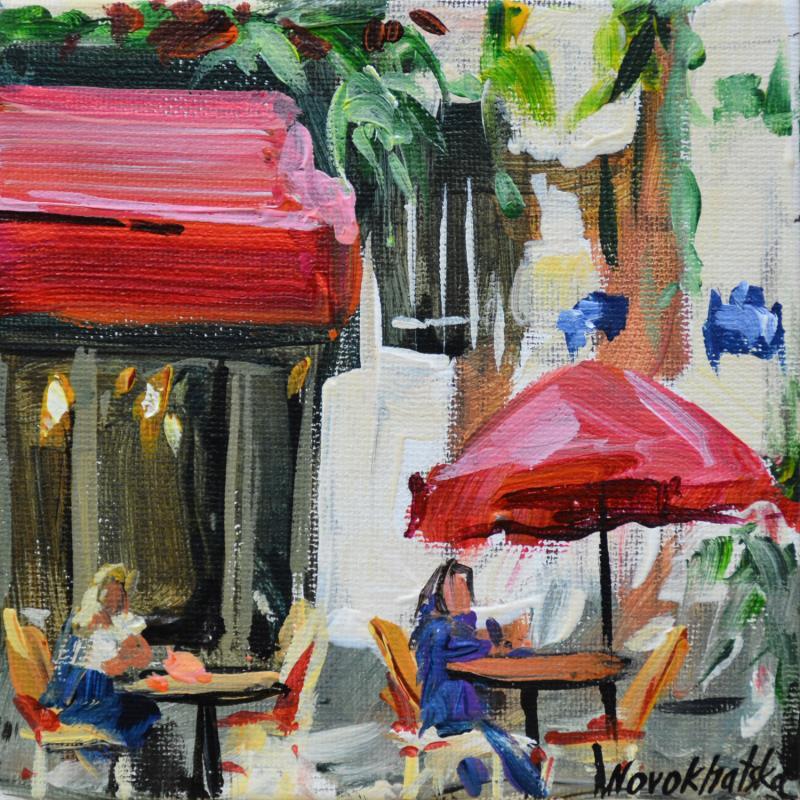 Painting Café au parasol rouge by Novokhatska Olga | Painting Figurative Urban Oil Acrylic