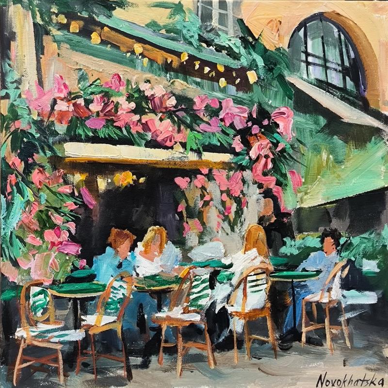 Painting Au café fleuri  by Novokhatska Olga | Painting Figurative Acrylic, Oil Urban