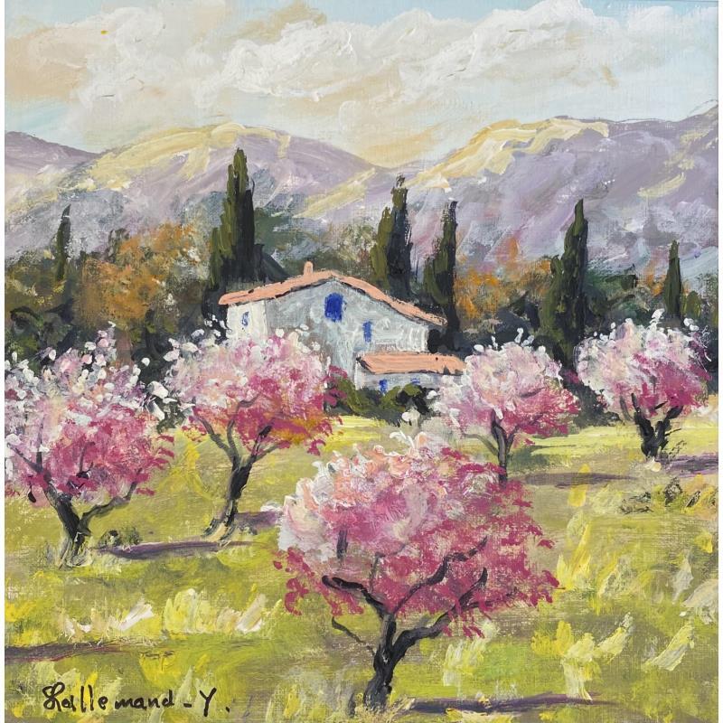Peinture Paysage de Provence Amandiers en fleurs par Lallemand Yves | Tableau Figuratif Urbain Acrylique
