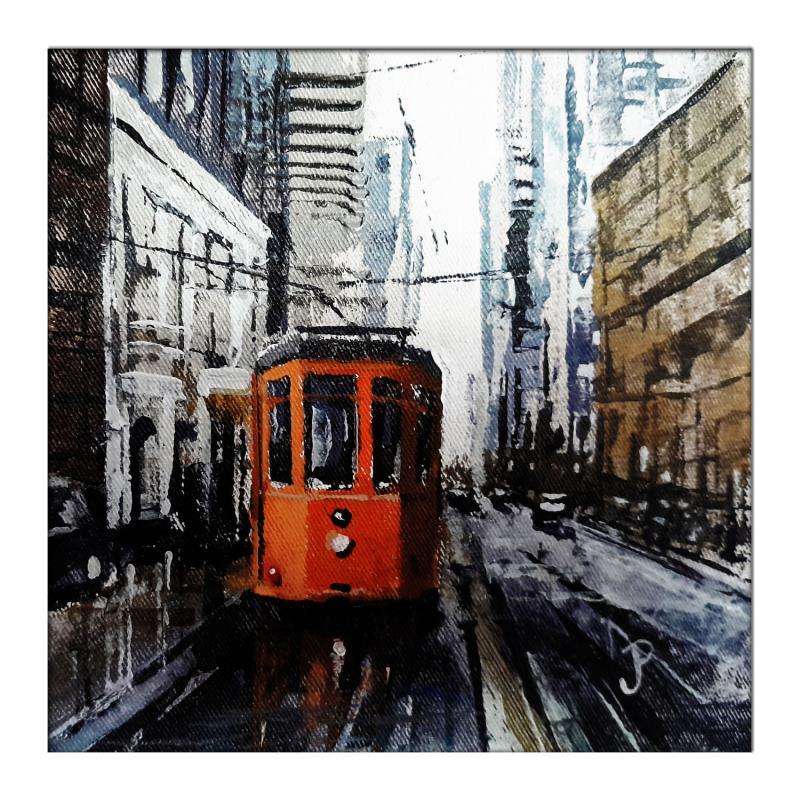 Peinture San Francisco orange tram par Poumès Jérôme | Tableau Figuratif Urbain Acrylique