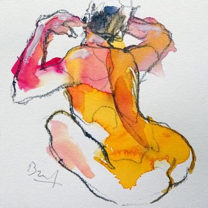 Painting Méline de dos, jaune by Brunel Sébastien | Painting Figurative Watercolor Nude