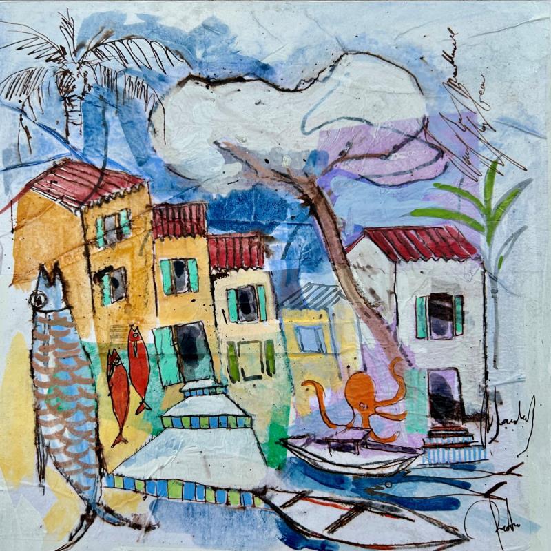 Painting Le poulpe caché by Colombo Cécile | Painting Naive art Acrylic, Gluing, Ink, Pastel, Watercolor, Wood Landscapes, Life style