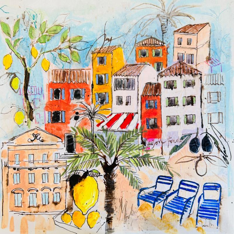 Painting L' été en vue by Colombo Cécile | Painting Figurative Acrylic, Gluing, Ink, Pastel, Watercolor Landscapes, Life style, Nature
