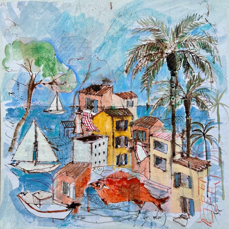 Gemälde Ambiance de Méditerranée von Colombo Cécile | Gemälde Naive Kunst Landschaften Alltagsszenen Aquarell Acryl Collage Tinte Pastell