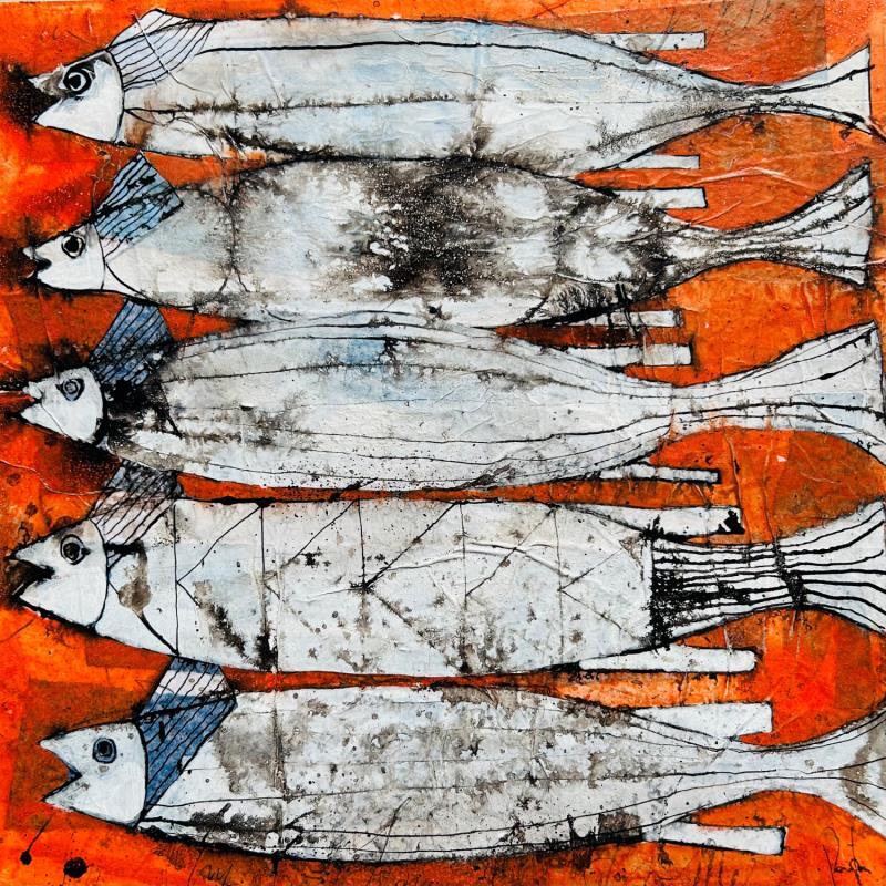 Painting Orange fish by Colombo Cécile | Painting Figurative Acrylic, Gluing, Ink, Pastel, Watercolor Animals, still-life