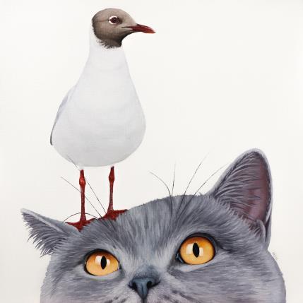 Gemälde BIRD AND CAT 3 von Milie Lairie | Gemälde Realismus Öl Tiere