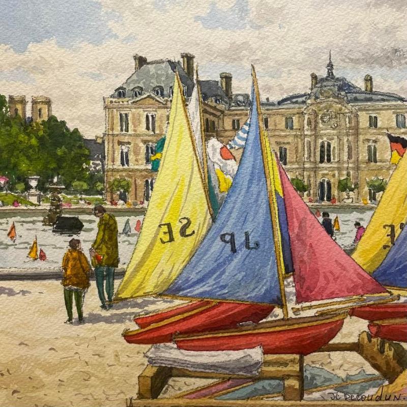Gemälde Les bateaux du Luxembourg et le Sénat von Decoudun Jean charles | Gemälde Figurativ Urban Aquarell