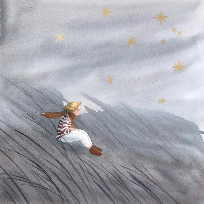 Painting Etoiles dans le vent by Marjoline Fleur | Painting Naive art Nature Child Watercolor