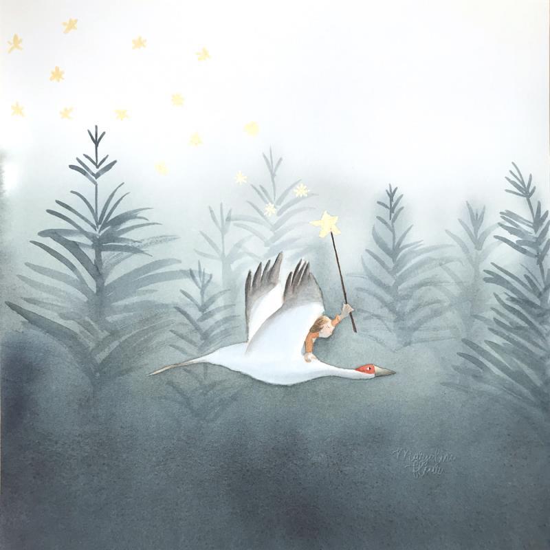 Painting Trainée d'étoiles by Marjoline Fleur | Painting Naive art Watercolor Animals, Child, Nature