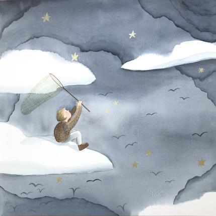 Gemälde Nuit dans les nuages von Marjoline Fleur | Gemälde Naive Kunst Aquarell Kinder