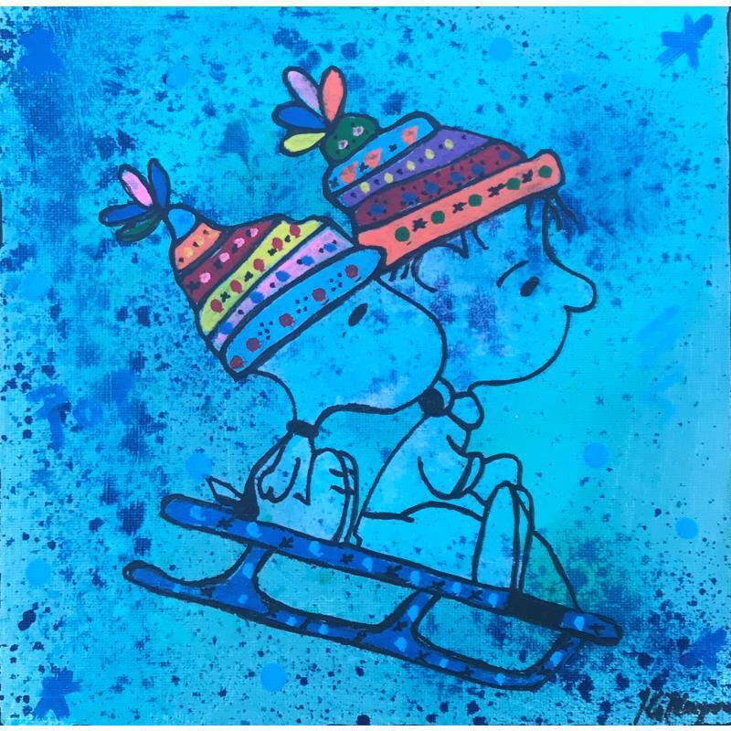 Painting Snnopy et Charlie en luge by Kikayou | Painting Pop-art Pop icons Graffiti Acrylic Gluing