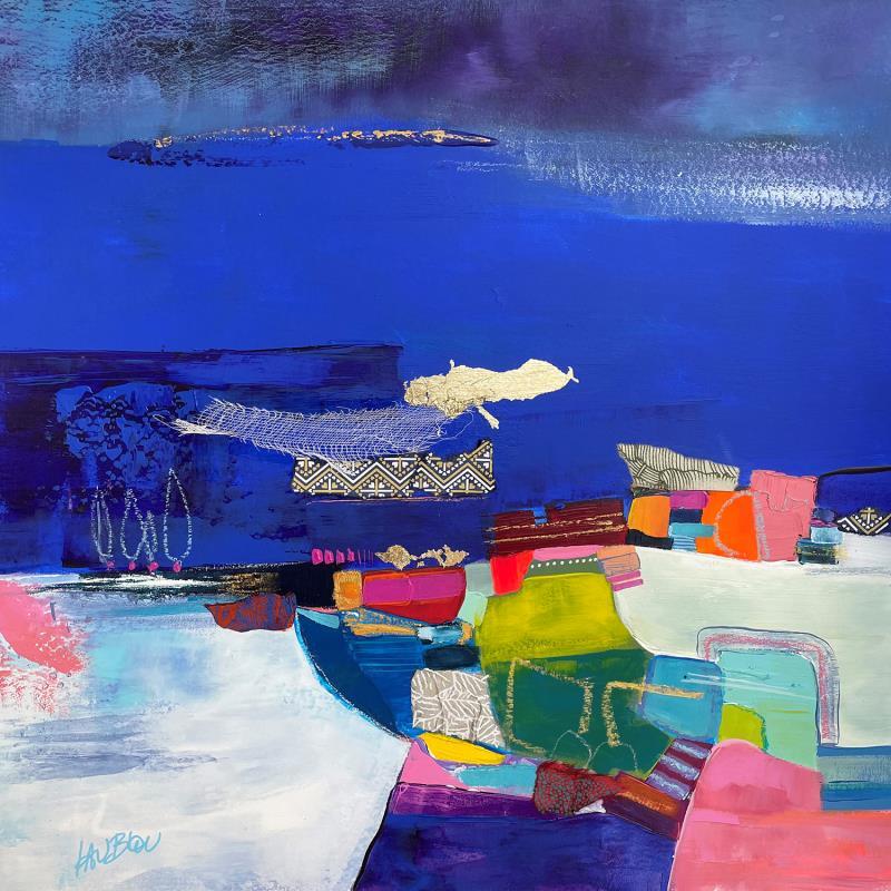 Peinture La grande bleue par Lau Blou | Tableau Abstrait Paysages Carton Acrylique Collage