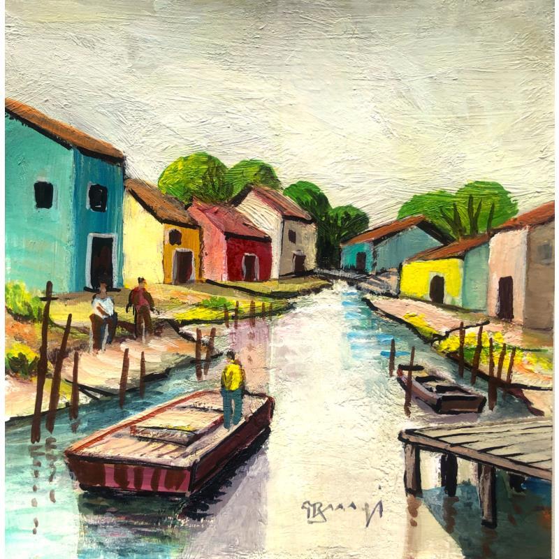 Painting AP74 LES CABANES COLOREES by Burgi Roger | Painting Figurative Acrylic Landscapes, Life style, Marine