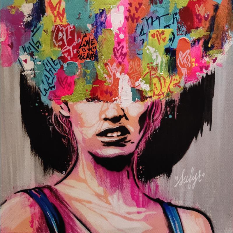 Painting La tête dans les nuages by Sufyr | Painting Street art Graffiti, Posca Portrait