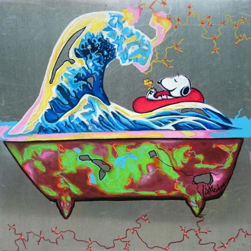 Gemälde Snoopy prend la vague von Medeya Lemdiya | Gemälde Pop-Art Pop-Ikonen Metall Acryl