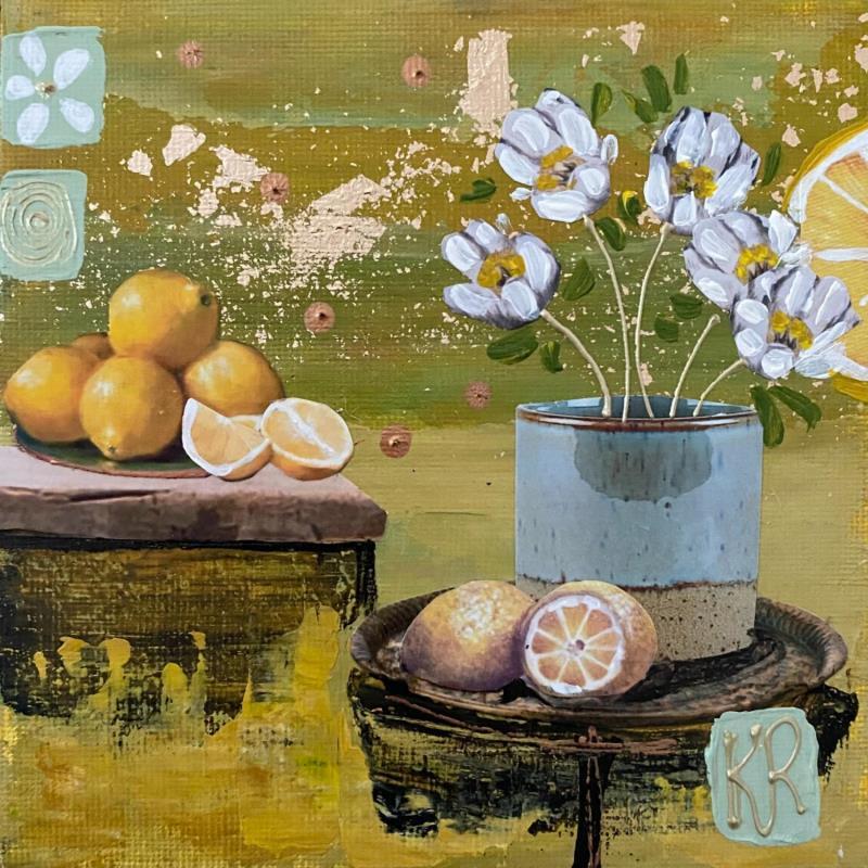 Painting Un zeste de citron by Romanelli Karine | Painting Figurative Acrylic, Gluing, Gold leaf, Pastel, Posca Still-life