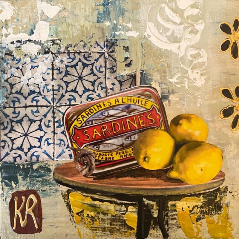 Gemälde Sardines à l'huile von Romanelli Karine | Gemälde Figurativ Acryl, Collage, Pastell, Posca Stillleben
