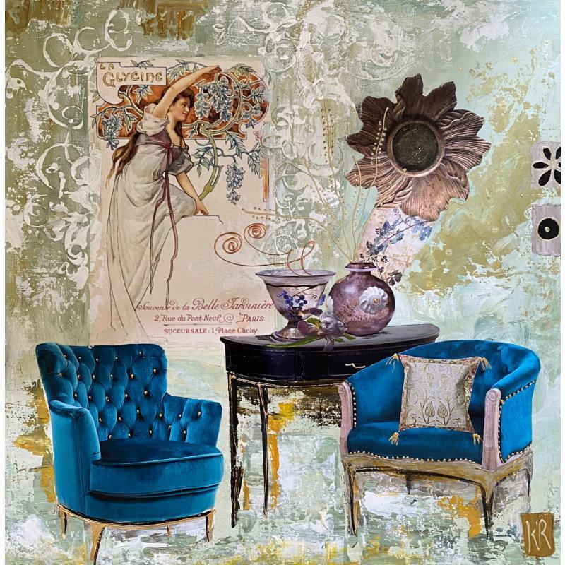 Painting Le petit salon d'été by Romanelli Karine | Painting Figurative Acrylic, Gluing, Gold leaf, Posca Life style