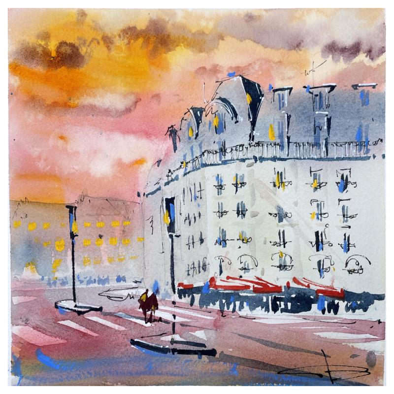 Gemälde Coucher de soleil a Paris von Bailly Kévin  | Gemälde Figurativ Aquarell, Tinte Architektur, Pop-Ikonen, Urban