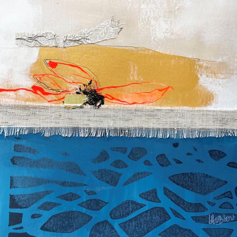 Painting Feuilles au dessus de la rivière-1 by Lau Blou | Painting Abstract Landscapes Cardboard Acrylic Gluing Textile Gold leaf Paper