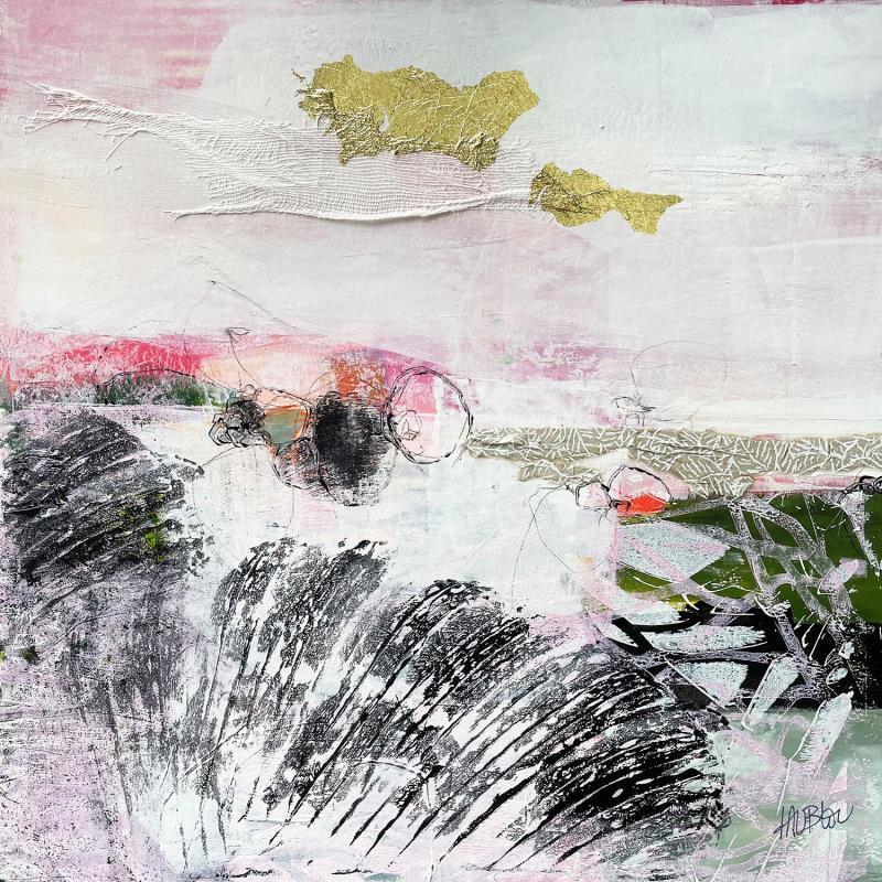 Painting Rives et brumes by Lau Blou | Painting Abstract Acrylic, Cardboard, Gluing, Gold leaf, Paper Landscapes