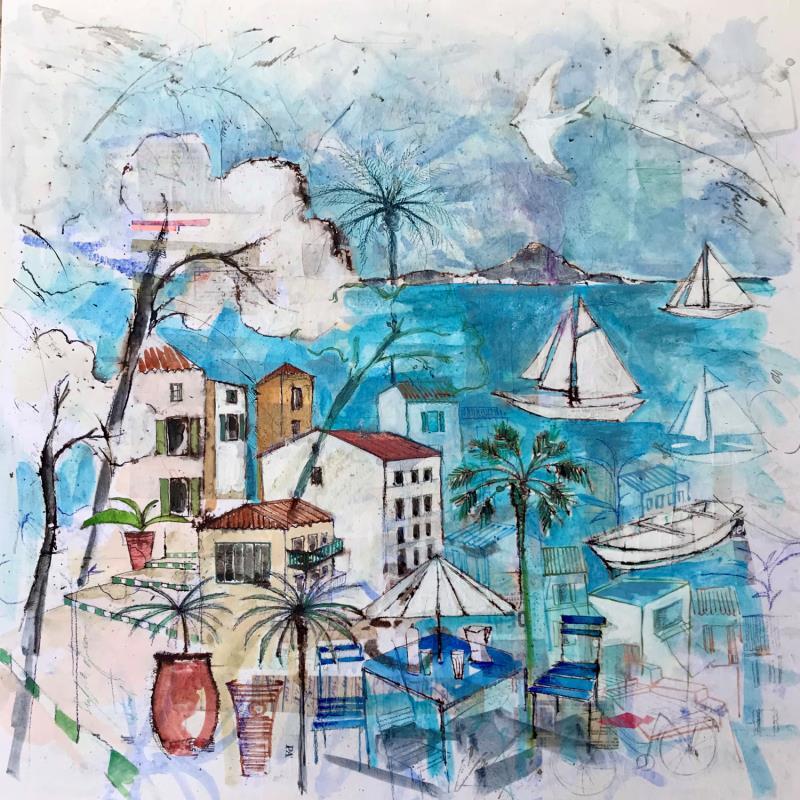 Painting Vue sur mer by Colombo Cécile | Painting Figurative Acrylic, Gluing, Ink, Pastel, Watercolor Landscapes, Life style
