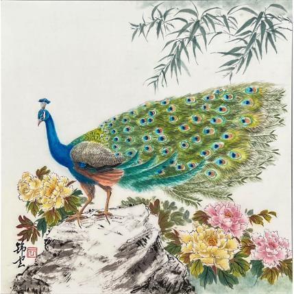 Peinture Paon bleu par Tayun | Tableau Figuratif Encre animaux