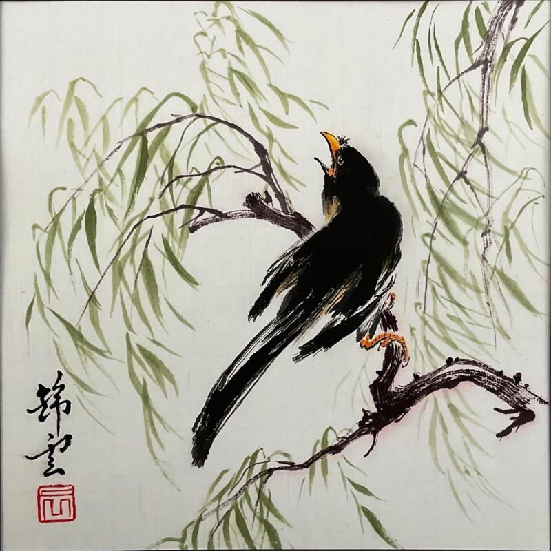 Gemälde Merle et saule pleureur von Tayun | Gemälde Figurativ Natur Tiere Aquarell Tinte