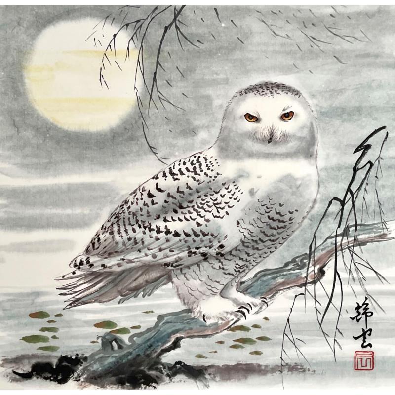 Gemälde Harfang des neiges von Tayun | Gemälde Figurativ Aquarell, Tinte Tiere