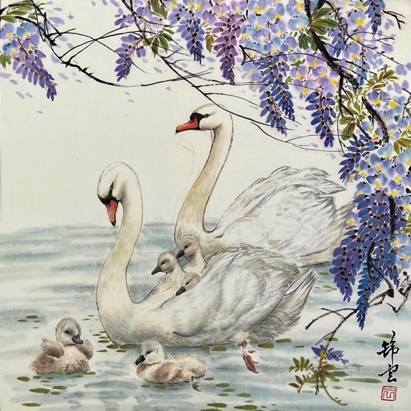Peinture Famille de cygnes par Tayun | Tableau Figuratif Animaux Aquarelle Encre